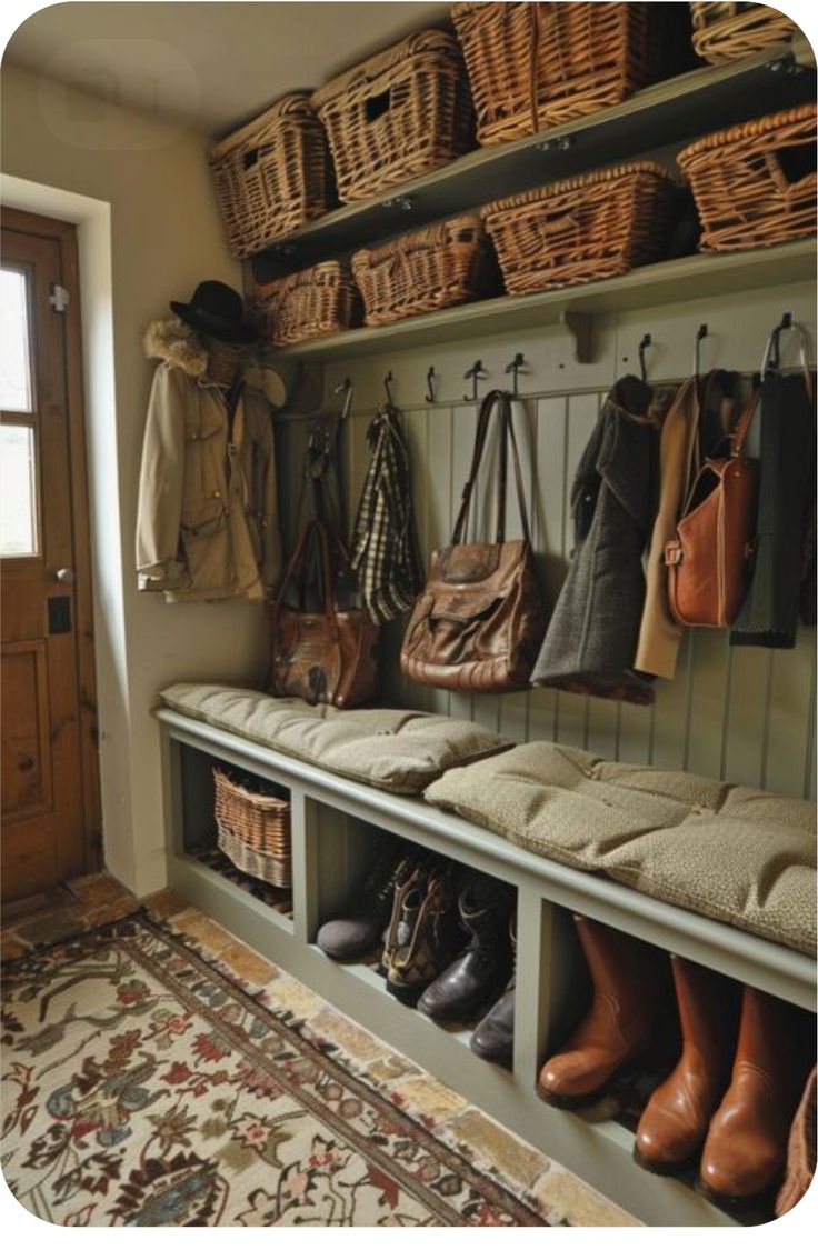 a bunch of purses are hanging on the wall next to some baskets and boots