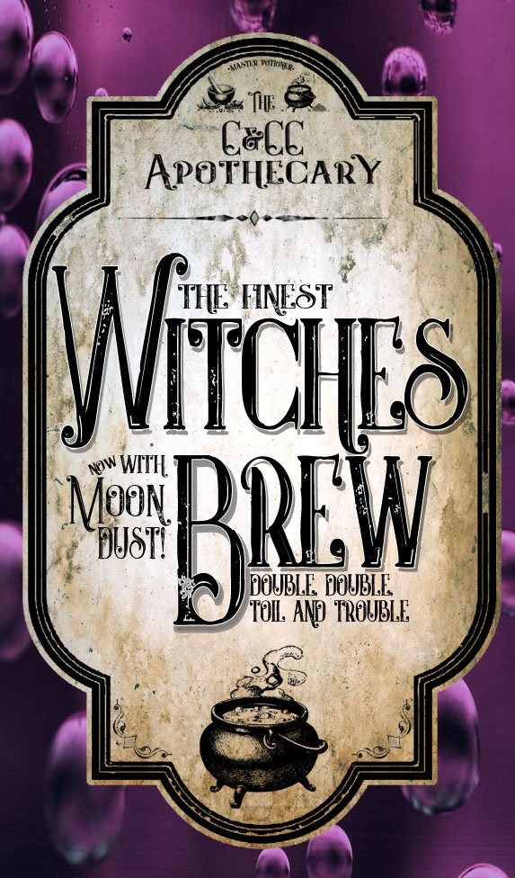 the finest witches brew with moon dust and purple balls in front of an old fashioned sign