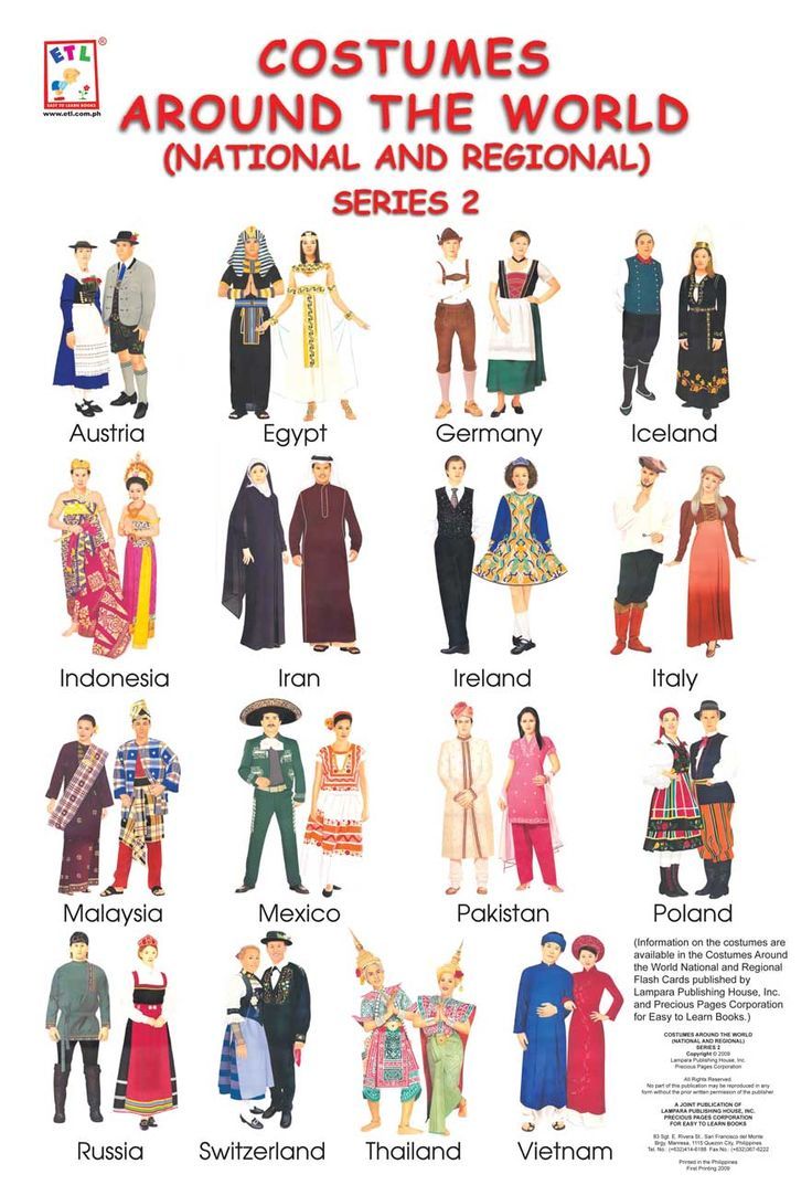 an advertisement for costumes around the world, including men's and women's clothing