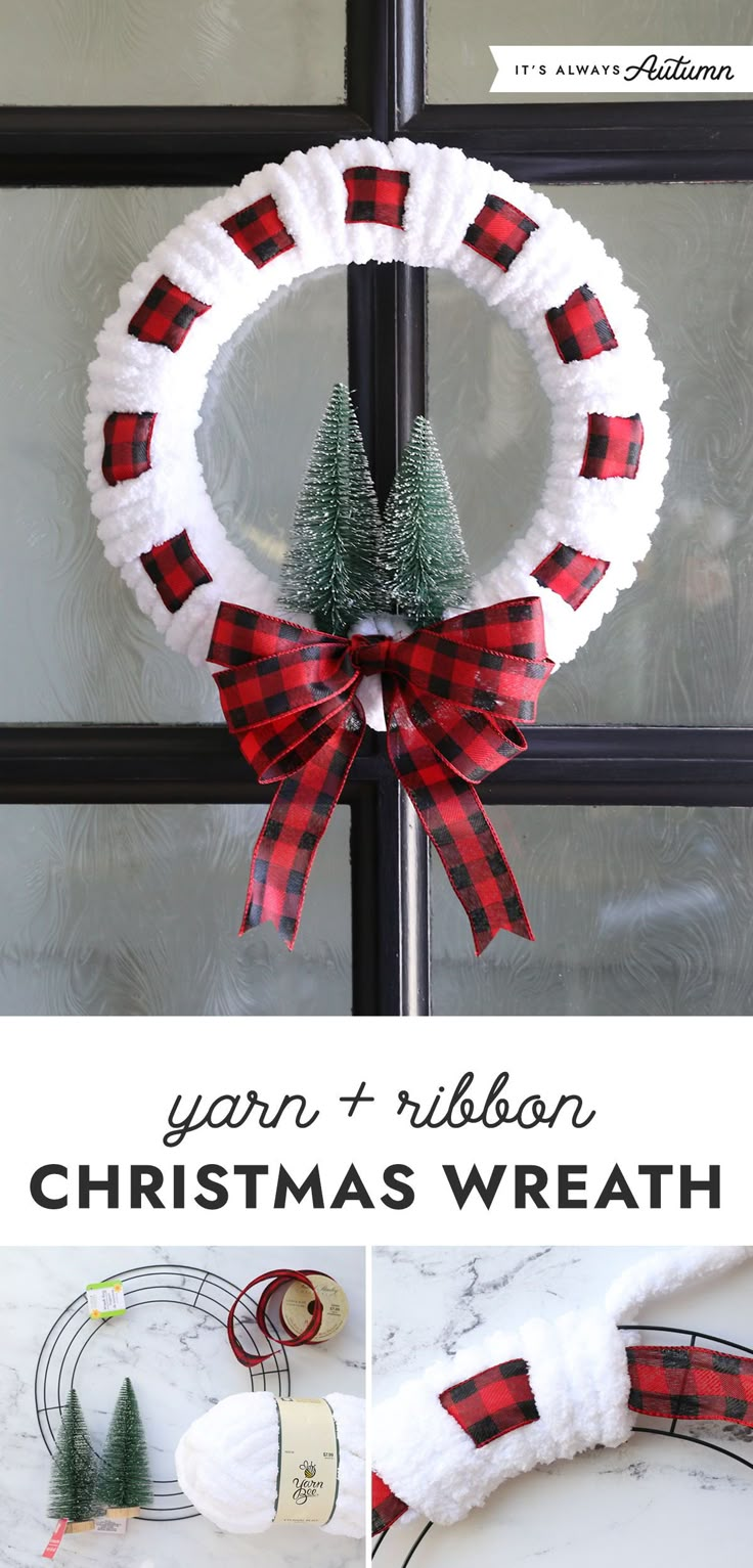 this yarn and ribbon christmas wreath is easy to make, perfect for the front door