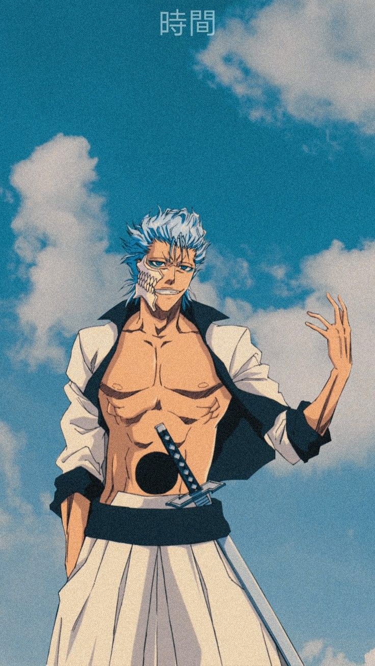 an anime character is standing in front of the sky with his hands up and one hand out