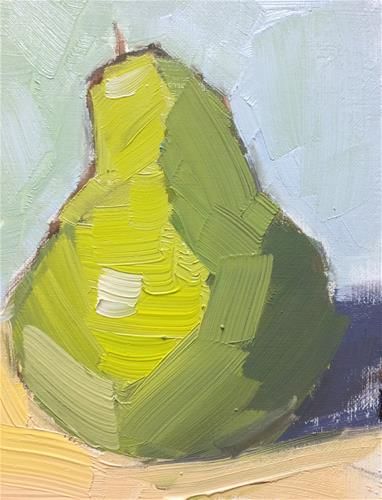 a painting of a green pear on a blue background with the words nomi bautista above it