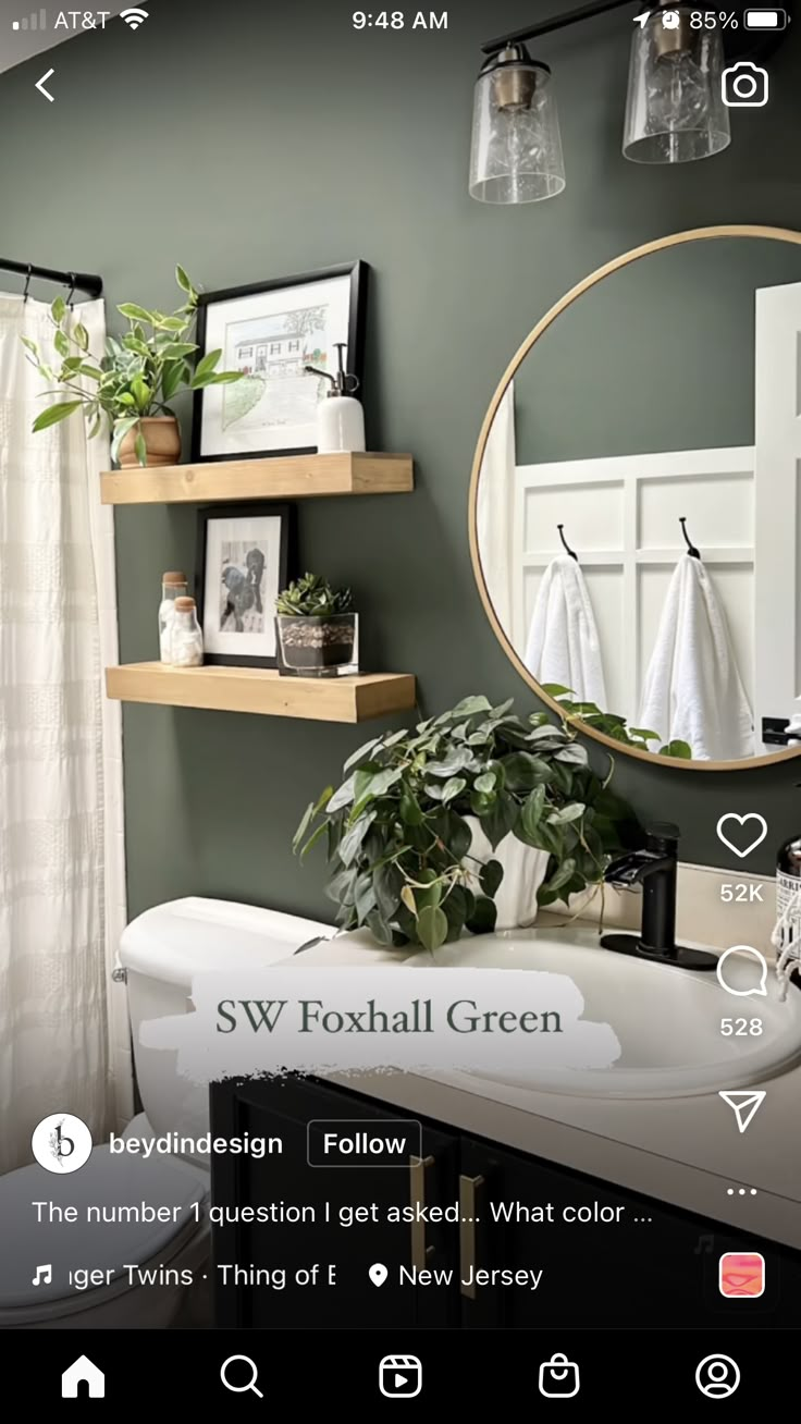 the bathroom is decorated in green and white with lots of greenery on the shelves