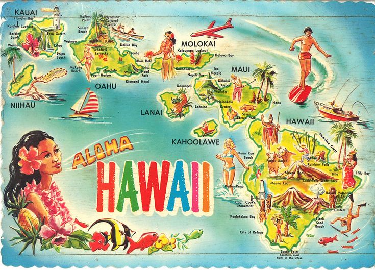 a map of the hawaiian islands with people and other things on it's sides