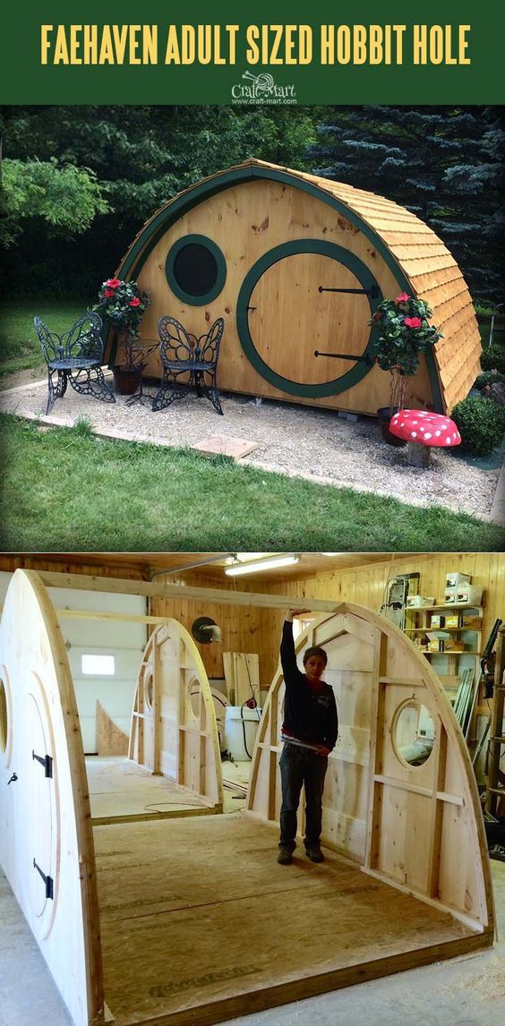 a man is standing in front of a hobbot house made out of wood