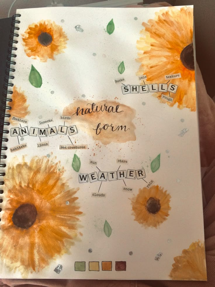 a notebook with sunflowers and words written on it that read, animals, weather