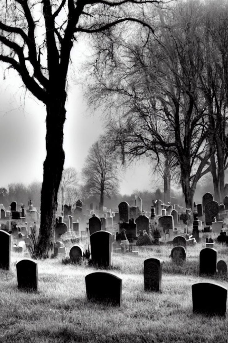 an old cemetery with many headstones and trees