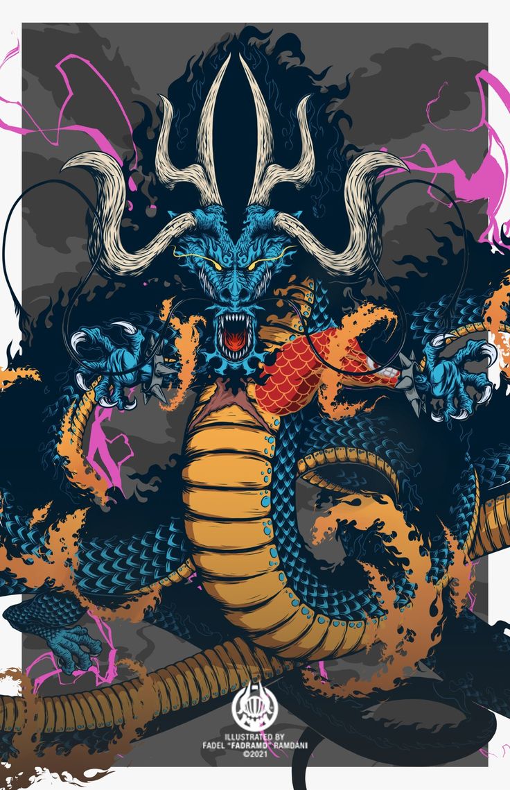 an image of a dragon with horns on it's head and two snakes around its neck