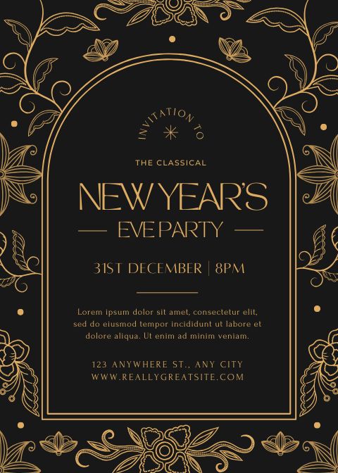 a black and gold new year's eve party with an ornate frame on it