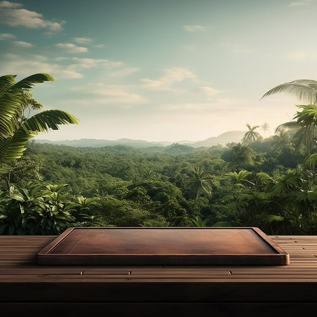 a wooden table with a tray on top of it in front of a jungle scene