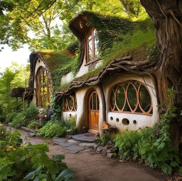 a house that is surrounded by trees and grass on the roof, along with plants growing all around it