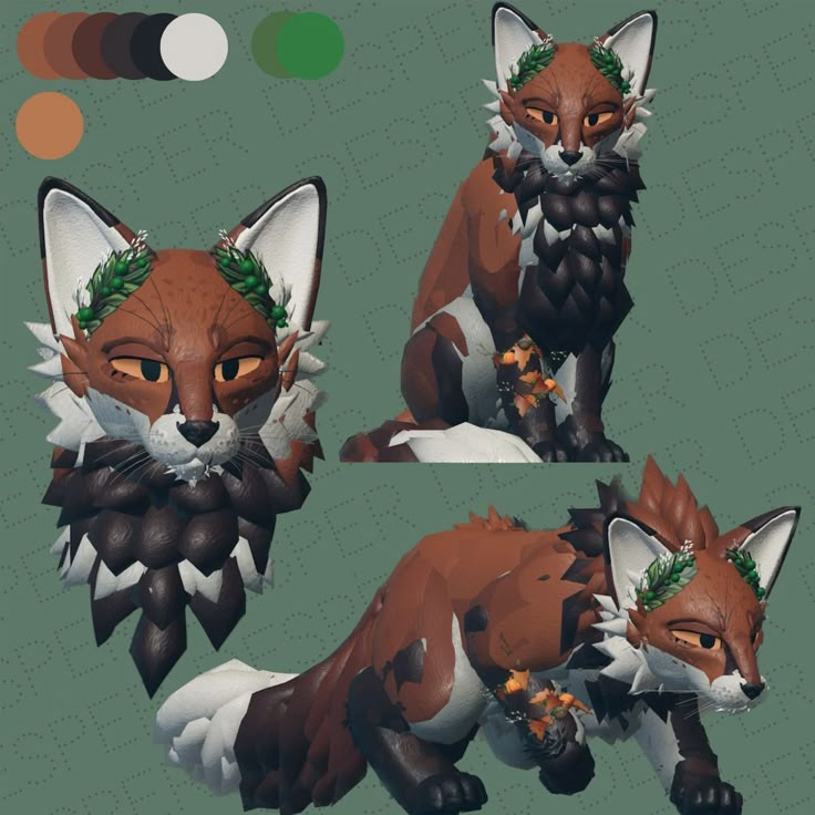 three images of an animal with leaves on its head and tail, one in the shape of a fox