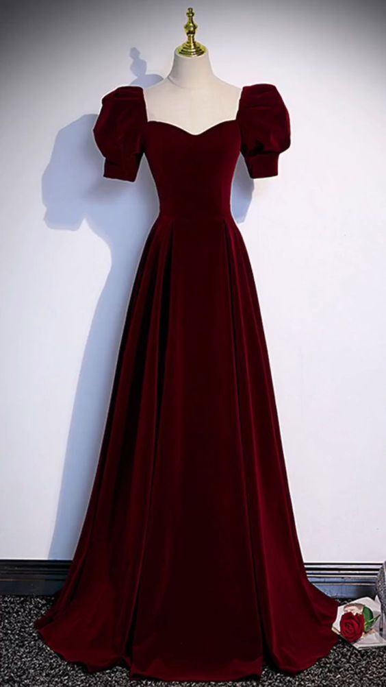 Red Gown For Wedding, Velvet Cloth Design, Evening Party Gowns Long Dresses, Short Sleeve Evening Gown, Dark Red Dress With Sleeves, Velvet Dresses Ideas, Red Prom Dress Sleeves, Pretty Gowns Princesses, Cute Simple Dresses Classy