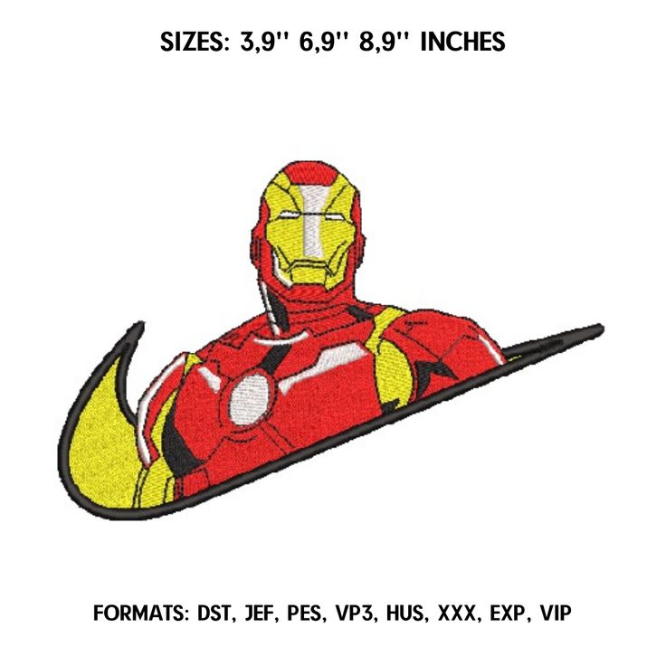 the iron man logo is shown in red and yellow