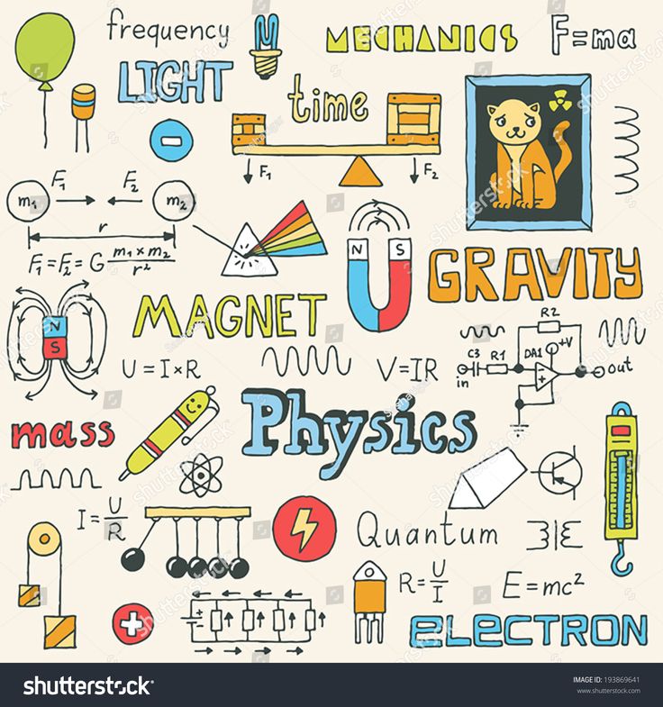 hand drawn science and physics doodles on white paper with the words gravity, magnets,