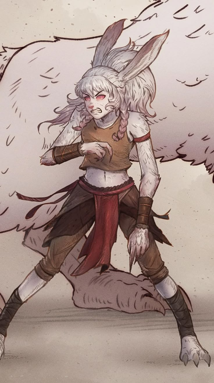 a drawing of a woman with white hair and an animal on her back, standing next to her