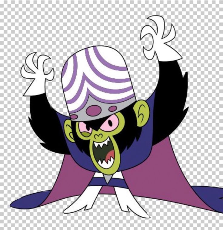 an animated cartoon character with purple and black hair, wearing a top hat and striped cape