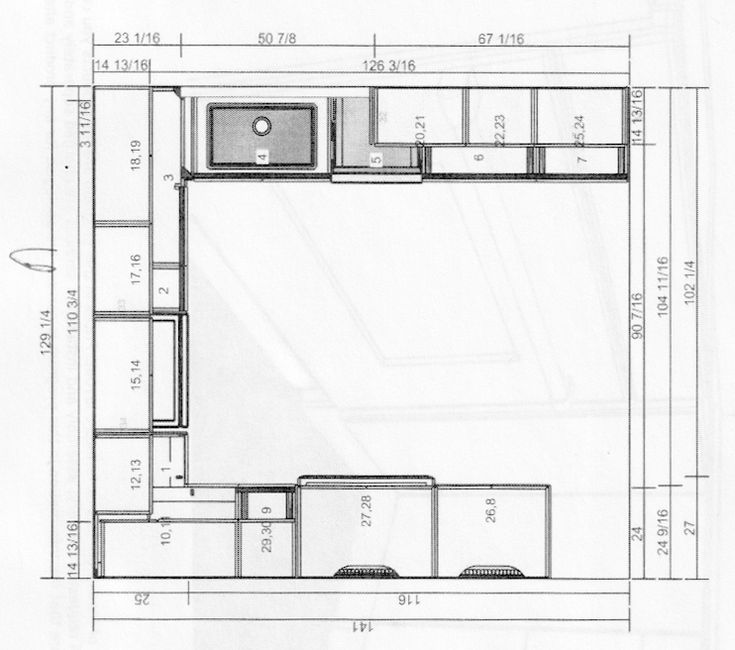 the floor plan for a kitchen with an oven, sink and cupboards in it