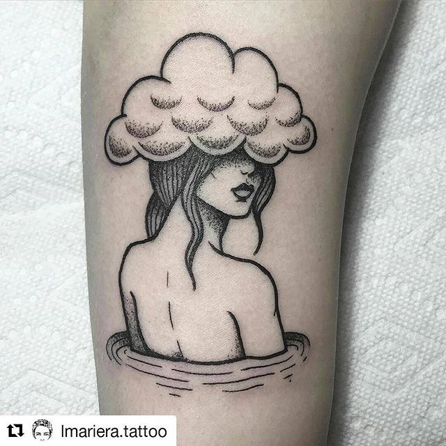 a woman with a cloud on her head is sitting in the water and she's floating