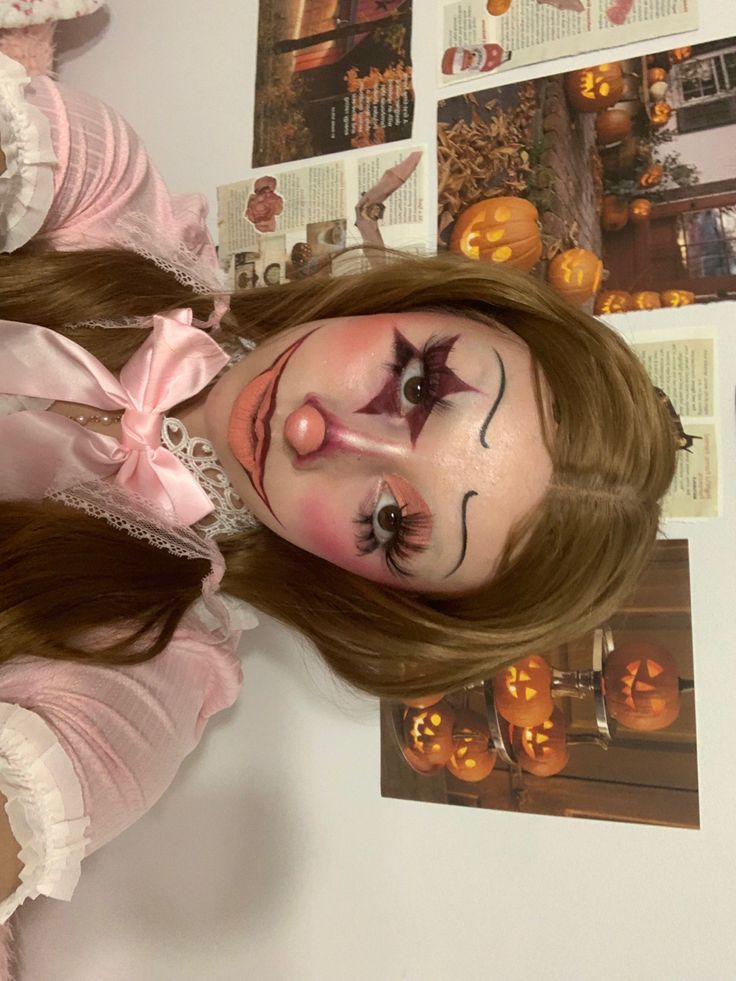 Clown Makeup Inspo Easy, Pink Clown Halloween Costume, Pink Clown Costume Halloween, Cute Pink Clown Costume, Sfx Makeup Ideas Scary Halloween Clown, Coquette Clown Costume, Clown Halloween Costumes Cute, Cute Clown Costume Halloween, Cute Spooky Makeup