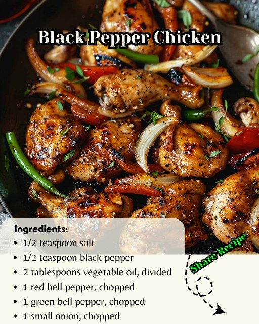 the recipe for black pepper chicken is shown in a skillet with green peppers and onions