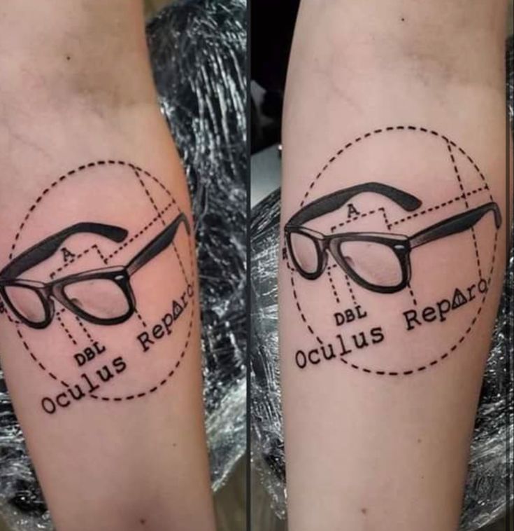 two tattoos that have glasses on them and the words oculus appear to be read