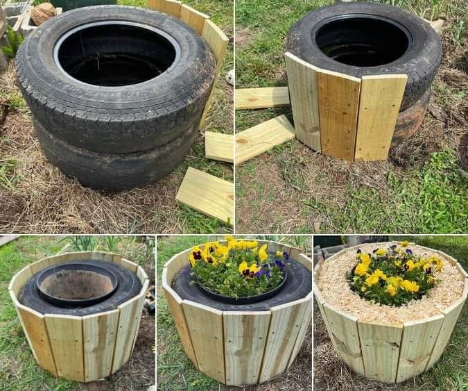 four pictures show how to make a planter out of an old tire and some flowers