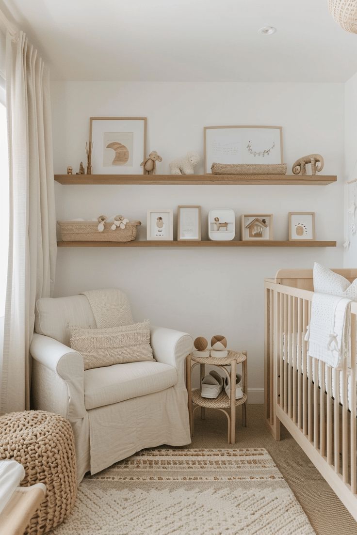 a baby's room with a crib, rocking chair and shelves on the wall