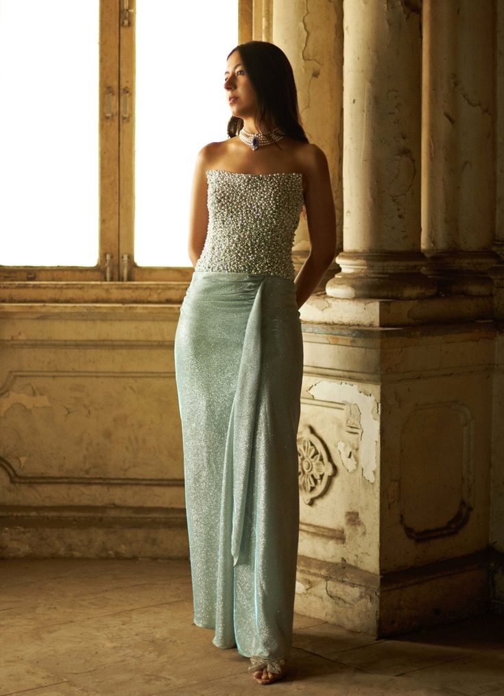 Mint Blue Draped Shimmer Skirt With Crystal Corset Duara - Fabilicious Fashion Cocktail Party Indian Outfit, Indian Wedding Cocktail Outfits, Cocktail Gowns Indian Weddings, Corset Indian Outfit, Indian Corset, Corset Lehenga, Blue Shimmer Dress, Crystal Corset, Sparkly Gown