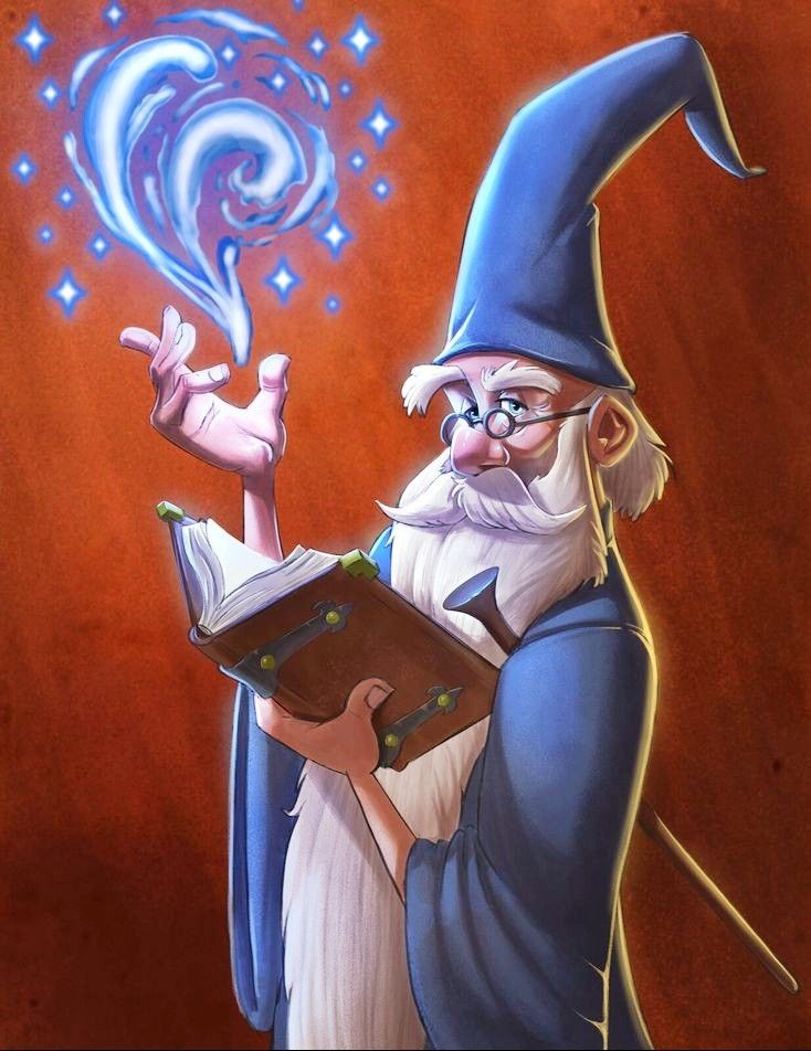 a wizard reading a book while holding a magic wand