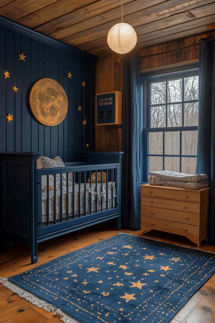 40 Creative Gender Neutral Nursery Ideas for a Personalized Space Night Sky Nursery Boy, Classic Rock Nursery, Wish Upon A Star Nursery, Deep Blue Nursery, Night Court Nursery, Music Themed Baby Room, Night Theme Nursery, Bright Blue Nursery, Ravenclaw Nursery