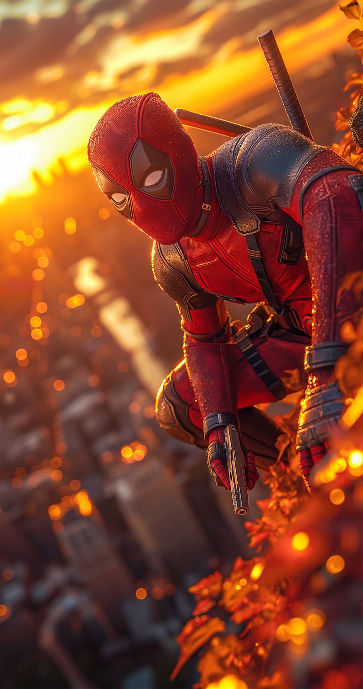 a deadpool action figure is posed in front of the sun and cityscape