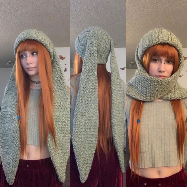 two pictures of a woman with long red hair wearing a knitted hat and scarf