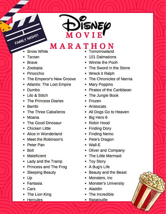 the disney movie marathon is shown in red and white