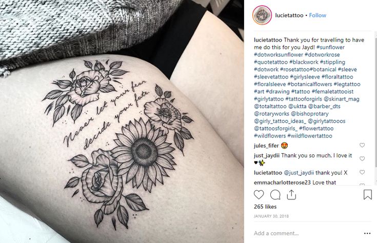 a woman's thigh with sunflowers and roses tattooed on the side by her