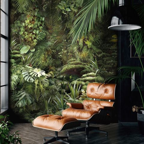 an office with a chair and wall mural in the background, surrounded by greenery