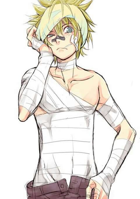 an anime character with blonde hair and no shirt on, holding his hand up to his face