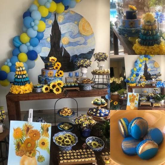 a table filled with lots of balloons and pictures on it's sides, including sunflowers