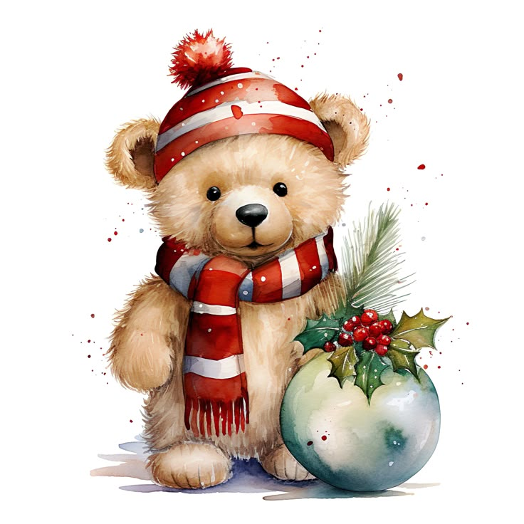 a watercolor painting of a teddy bear wearing a scarf and hat next to a christmas ornament