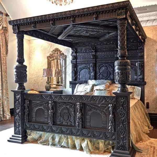 Old World Heavily Carved Gothic Black Canopy Bed Bedroom furniture uk