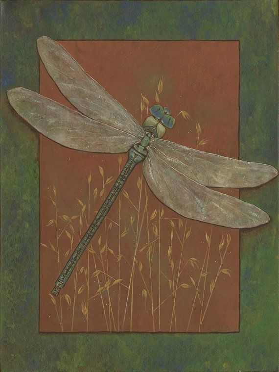 a painting of a dragonfly sitting on top of a plant