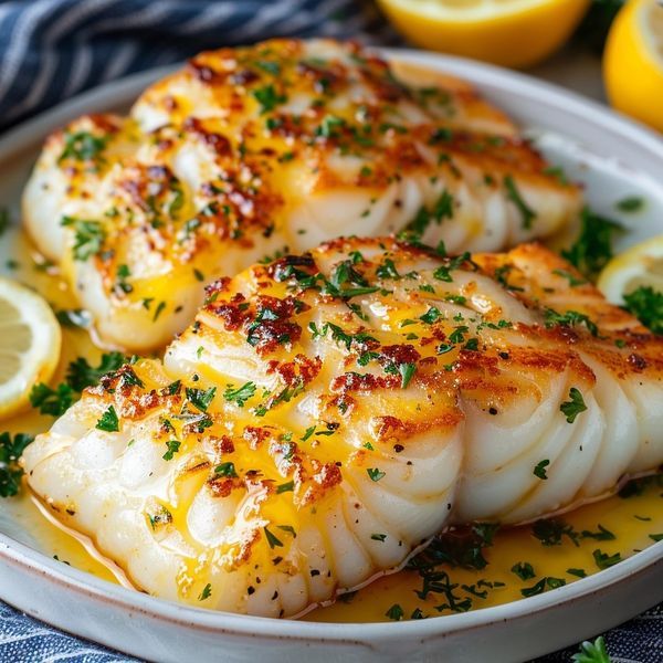 two pieces of fish on a plate with lemons and parsley