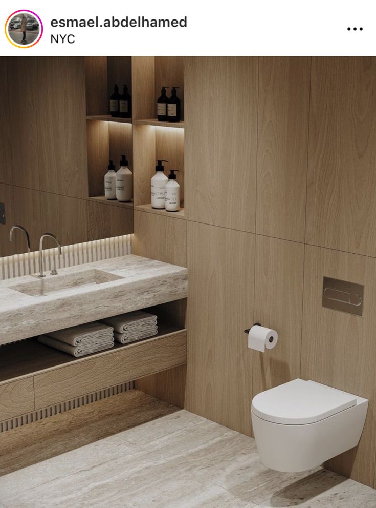 a bathroom with a toilet, sink and shelves