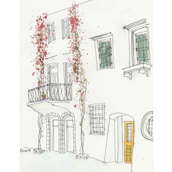 a drawing of a building with flowers growing on the balcony and balconies above it