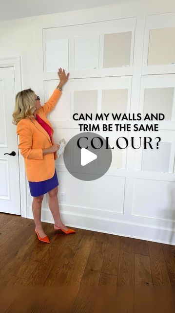 a woman standing in front of a wall with the words can my walls and trim be the same color?