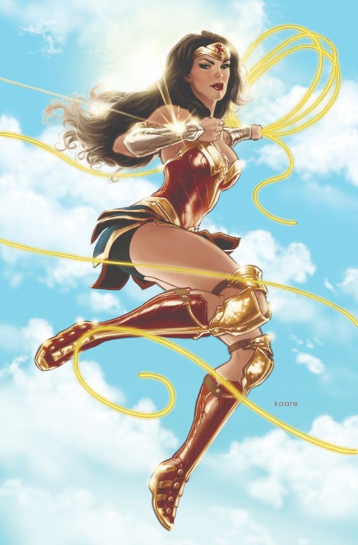 wonder woman flying through the air with her arms out in front of clouds and blue sky