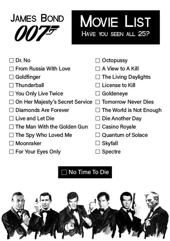 the james bond movie list is shown in black and white, with an image of men holding