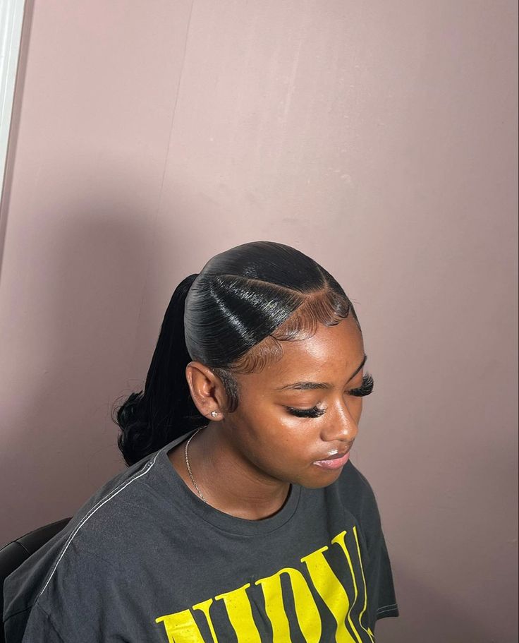 Slicked Back Ponytail Black Women, Slick Backs Black Women, Slick Ponytail Black Women, Weave Ponytail For Black Women, V Part Slick Back Ponytail, 3d Ponytail, Slick Backs, Prom 2k24, Barbie Ponytail