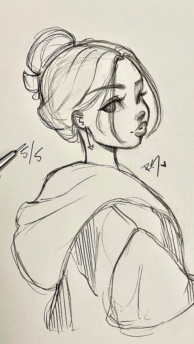 a drawing of a woman's face with her hair pulled back in a bun