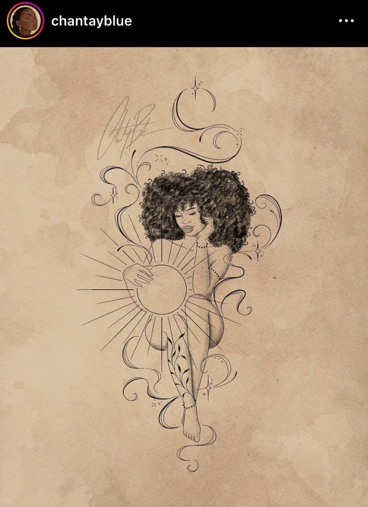 a drawing of a woman with curly hair holding a sun above her head and the words,